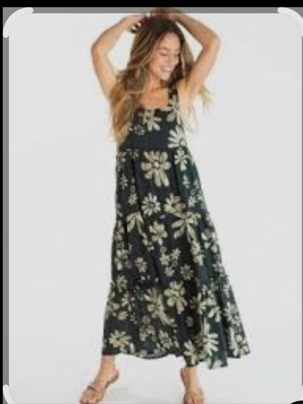 NATURAL LIFE Dark Green Maxi Dress with Cream Floral Print